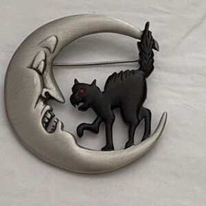 J.J scared, moon, hissing cat brooch in pewter